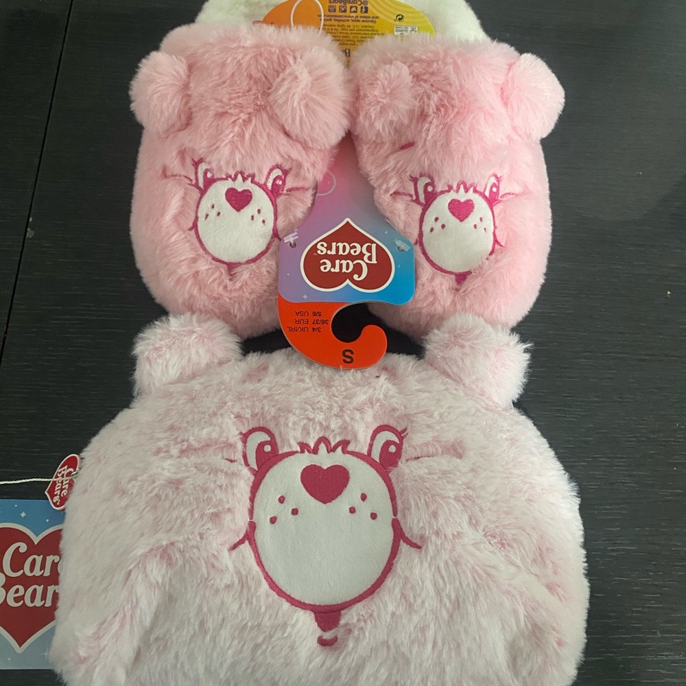 Care Bears Plush pink cozy Slippers size small 5-6 and small plush bag cool new